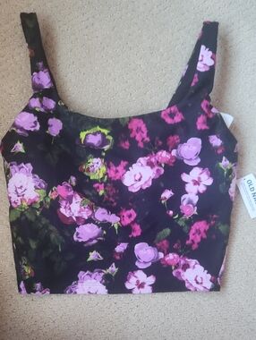 Old Navy Black Floral Crop Top - Pink & Lime Accents